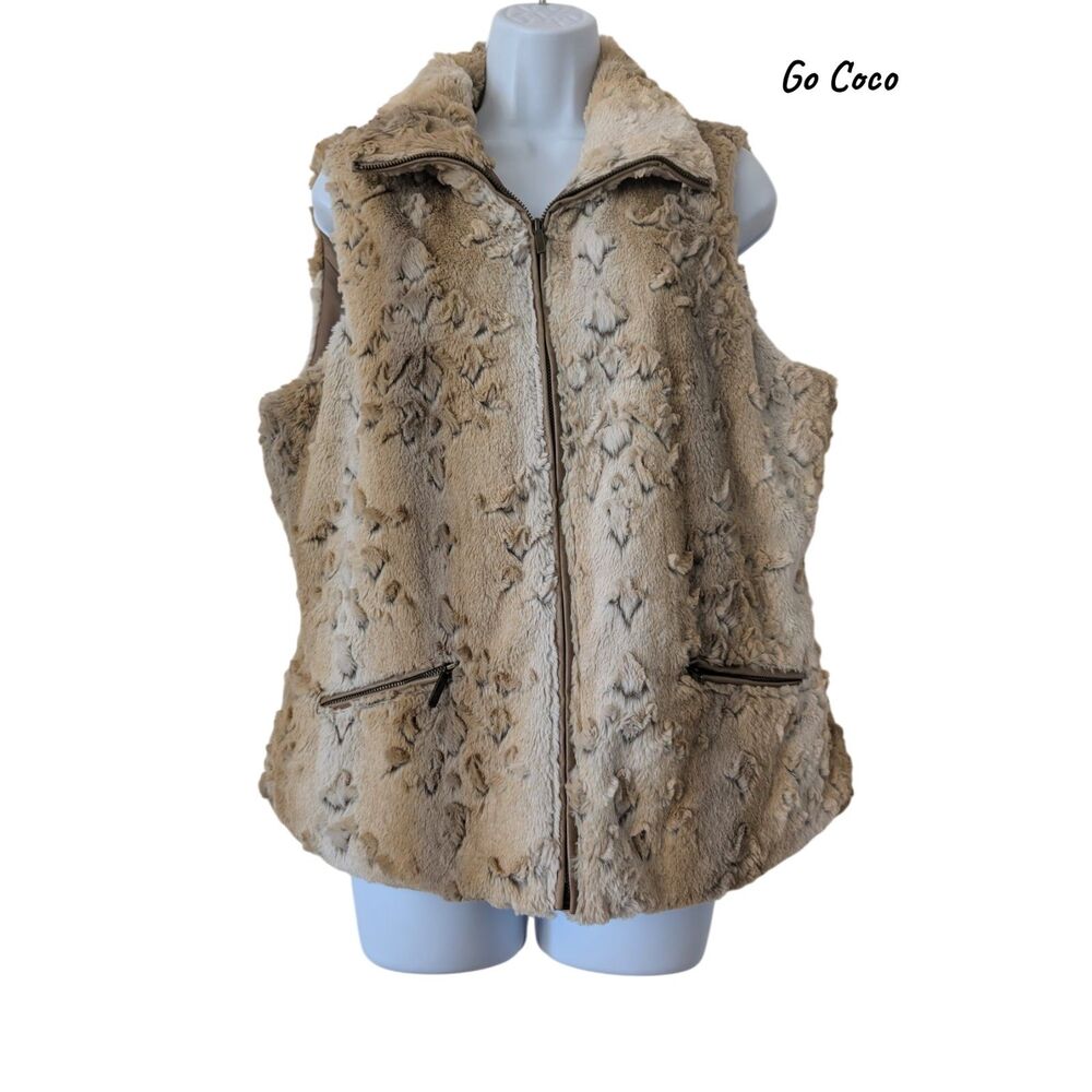 Go Coco Faux Fur Vest XL Beige Taupe Zip Front Textured Plush Pockets